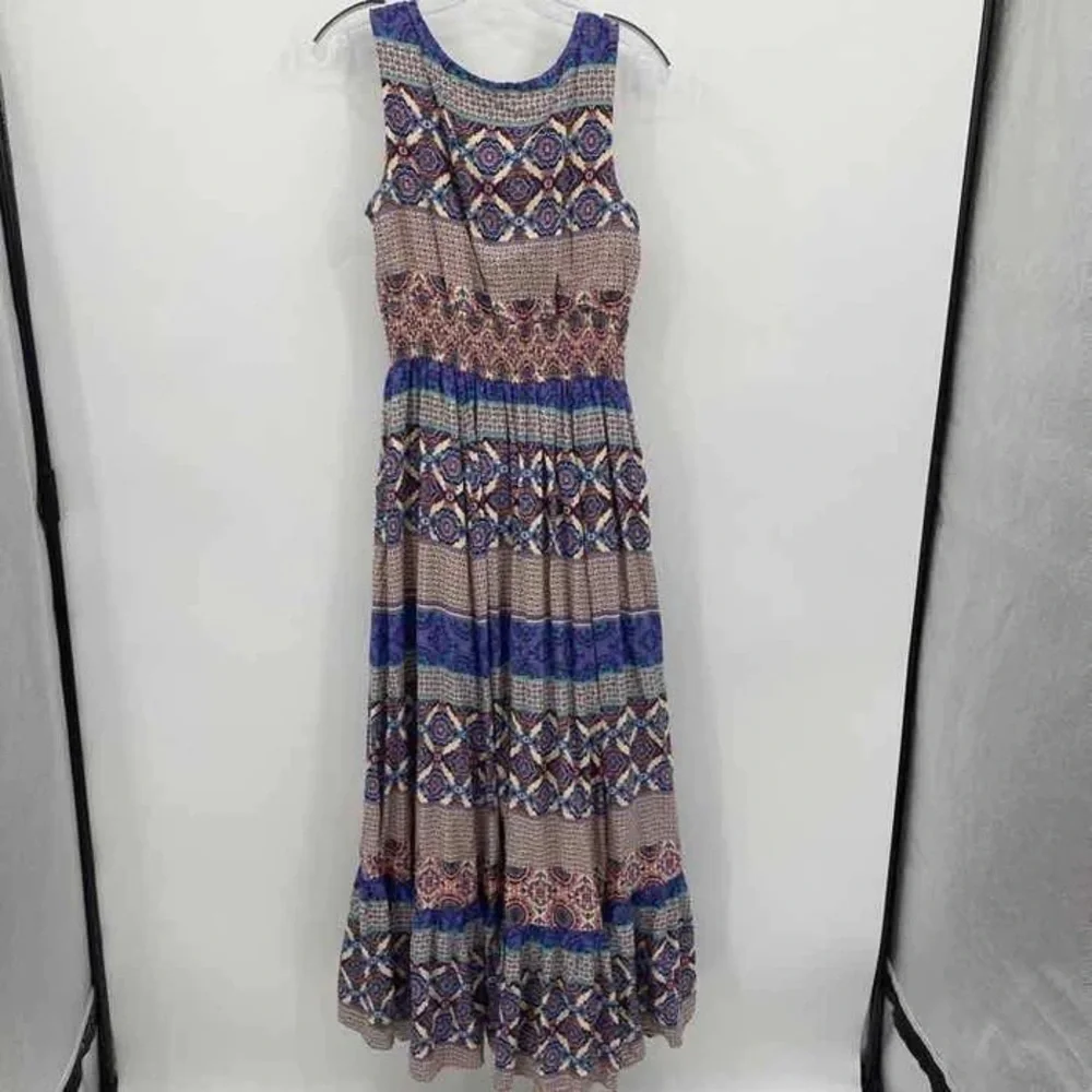 eshakti Womens Size M Sleeveless Smocked Waist A Line Mixed Print Maxi Dress